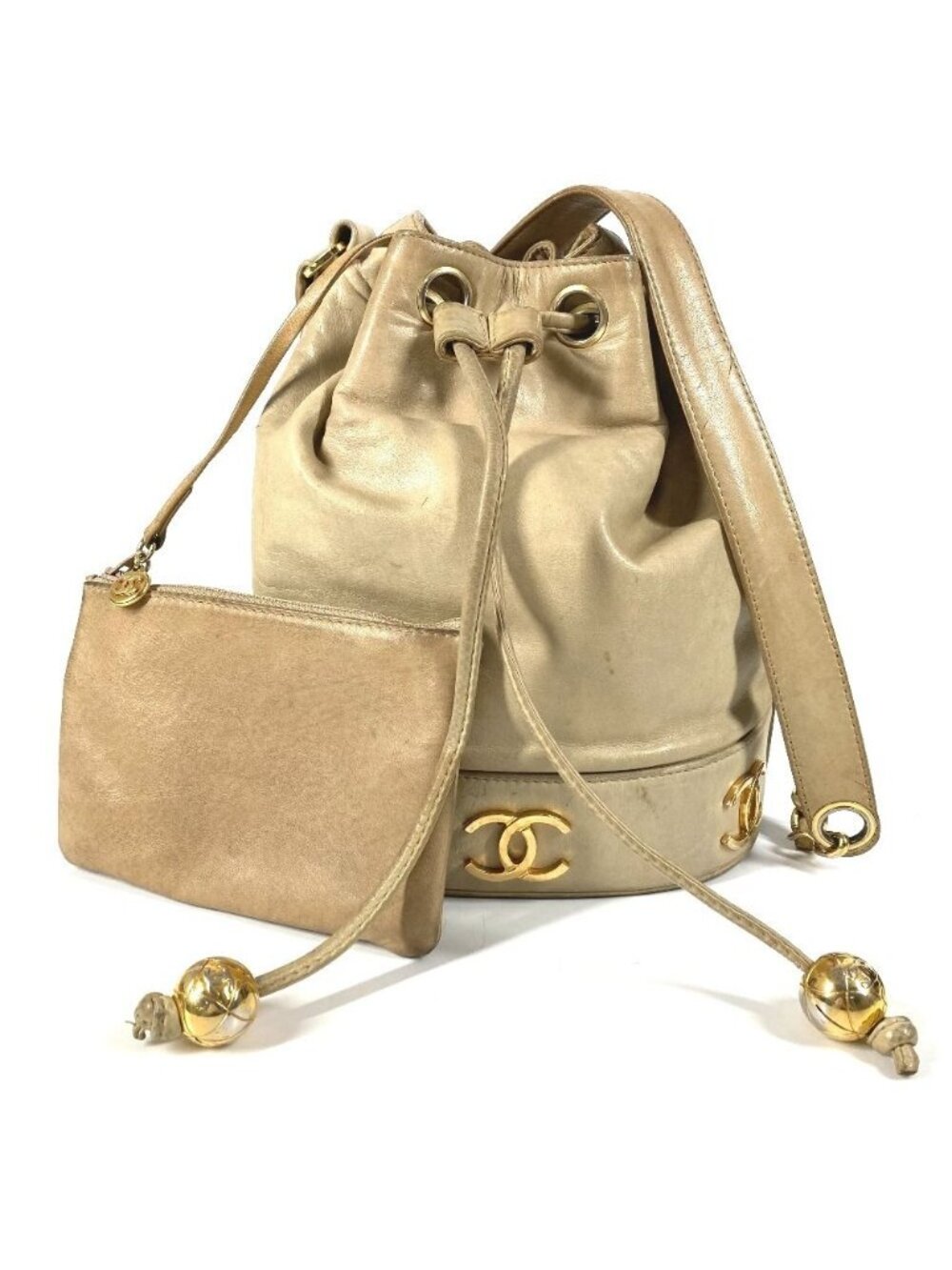 Chanel Shoulder Bag Triple Coco CC Logo Drawstring Leather Beige